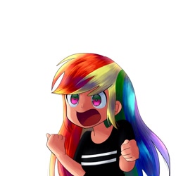 Size: 1200x1200 | Tagged: safe, artist:andromedasparkz, imported from derpibooru, rainbow dash, human, clothes, cute, dashabetes, female, humanized, open mouth, shirt, simple background, solo, t-shirt, white background