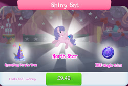 Size: 1266x854 | Tagged: safe, idw, imported from derpibooru, pegasus, pony, bow, bundle, costs real money, curtains, english, female, g1, g4, gameloft, idw showified, magic coins, mare, my little pony: magic princess, north star (g1), numbers, official, sale, solo, solo focus, spread wings, tail, tail bow, text, tree, wings