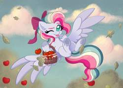 Size: 2618x1869 | Tagged: safe, artist:urichan, imported from derpibooru, oc, oc only, oc:sky sorbet, pegasus, pony, :p, apple, basket, bow, flying, food, hair bow, leaves, multicolored hair, one eye closed, signature, solo, spread wings, tongue out, wings, wink