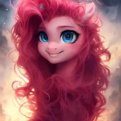 Size: 1536x1536 | Tagged: safe, imported from derpibooru, pinkie pie, earth pony, pony, abstract background, ai content, ai generated, eyebrows, eyelashes, female, fluffy mane, generator:purplesmart.ai, generator:stable diffusion, mare, messy mane, prompter:nightluna, smiling, solo, teeth, watermark