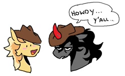 Size: 617x378 | Tagged: safe, artist:ghoulhowls, imported from derpibooru, braeburn, king sombra, earth pony, pony, unicorn, accessory swap, blushing, braeburn's hat, cowboy hat, crack shipping, dialogue, floppy ears, gay, hat, male, shipping, simple background, smiling, sombraeburn, unamused, white background