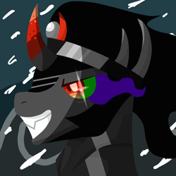 Size: 2022x2022 | Tagged: safe, artist:lindasaurie, derpibooru exclusive, imported from derpibooru, king sombra, pony, unicorn, antagonist, blizzard, bust, evil grin, grin, high res, lineless, male, profile, smiling, snow, snowfall, solo, stallion, the crystal empire 10th anniversary