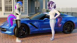 Size: 5760x3240 | Tagged: safe, artist:hunterz263, imported from derpibooru, oc, oc only, oc:inkwell stylus, oc:raven storm, anthro, plantigrade anthro, 3d, 5k, birthday gift, blender, car, clothes, corvette, duo, duo female, feet, female, female oc, flip-flops, house, key, looking at each other, looking at someone, midriff, nexgen, not sfm, outdoors, sandals, shorts, smiling, smirk, surprised, toes