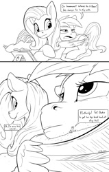 Size: 1273x2000 | Tagged: safe, artist:tsitra360, imported from derpibooru, fluttershy, rainbow dash, oc, oc:vanilla beam, pony, 2 panel comic, black and white, comic, commission, dialogue, female, flutterdash, grayscale, lesbian, lying down, macro, macro/micro, mare, micro, monochrome, prone, shipping, simple background, speech bubble, tiny, tiny ponies, white background