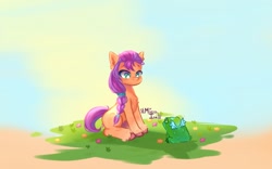 Size: 800x500 | Tagged: safe, artist:mielaink, imported from derpibooru, sunny starscout, earth pony, frog, pony, female, flower, g5, mare, my little pony: a new generation, sitting