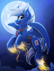 Size: 1900x2500 | Tagged: safe, artist:starcasteclipse, imported from derpibooru, part of a set, oc, oc only, pegasus, pony, commission, flying, glowing, glowing hooves, harness, jingle bells, moon, smiling, solo, tack, ych result