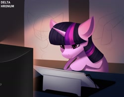 Size: 2232x1750 | Tagged: safe, artist:delta hronum, imported from derpibooru, twilight sparkle, pony, unicorn, drawing, drawing tablet, monitor, poster, solo, stylus, unicorn twilight