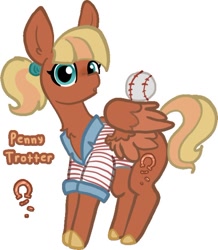 Size: 580x665 | Tagged: safe, artist:nootaz, imported from derpibooru, oc, oc only, oc:penny trotter, pegasus, pony, baseball, clothes, female, looking at you, open mouth, ponytail, shirt, simple background, solo, sports, striped shirt, white background