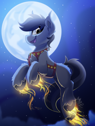 Size: 1900x2500 | Tagged: safe, artist:starcasteclipse, imported from derpibooru, part of a set, oc, oc only, earth pony, pony, commission, flying, glowing, glowing hooves, harness, jingle bells, moon, smiling, solo, tack, ych result