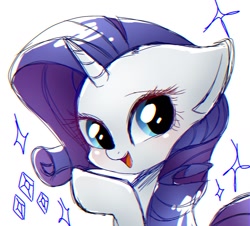 Size: 1280x1155 | Tagged: safe, artist:namaenonaipony, imported from derpibooru, rarity, pony, unicorn, bust, cute, female, looking at you, mare, open mouth, open smile, raribetes, simple background, smiling, smiling at you, solo, sparkles, white background