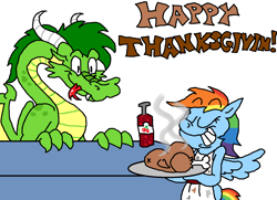 Size: 1024x740 | Tagged: safe, artist:dragonboi471, artist:rainbowdashsmailbag, imported from derpibooru, rainbow dash, oc, oc:turc grayson, bird, dragon, pegasus, pony, turkey, apron, clothes, cooked, dead, decapitated, holiday, non-mlp oc, simple background, soda, thanksgiving, tongue out, white background