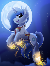 Size: 1900x2500 | Tagged: safe, artist:starcasteclipse, imported from derpibooru, part of a set, oc, oc only, pony, unicorn, commission, flying, glowing, glowing hooves, harness, jingle bells, moon, smiling, solo, tack, ych result