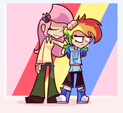 Size: 1316x1212 | Tagged: safe, artist:keymilanimations, imported from derpibooru, fluttershy, rainbow dash, human, converse, duo, female, flutterdash, height difference, humanized, lesbian, shipping, shoes, sneakers