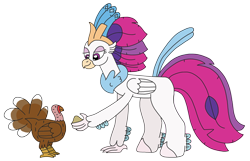 Size: 3138x2016 | Tagged: safe, artist:supahdonarudo, imported from derpibooru, queen novo, bird, classical hippogriff, hippogriff, turkey, series:novoember, my little pony: the movie, bird seed, feeding, holiday, offering, simple background, thanksgiving, transparent background