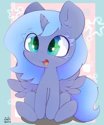 Size: 2500x3000 | Tagged: safe, artist:zokkili, imported from derpibooru, princess luna, alicorn, pony, eye clipping through hair, female, filly, happy, open mouth, open smile, smiling, solo, spread wings, starry eyes, wingding eyes, wings, woona, younger