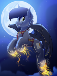 Size: 1900x2500 | Tagged: safe, artist:starcasteclipse, imported from derpibooru, part of a set, oc, oc only, oc:razoruniboop, pegasus, pony, commission, flying, glowing, glowing hooves, harness, jingle bells, moon, solo, tack, ych result