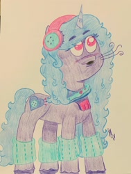 Size: 2460x3262 | Tagged: safe, artist:jesslmc16, imported from derpibooru, izzy moonbow, pony, unicorn, blushing, clothes, cold, colored, colored pencil drawing, cute, drawing, earmuffs, fanart, female, full body, g5, izzybetes, leg warmers, my little pony: tell your tale, scarf, solo, traditional art, winter, winter outfit