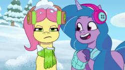 Size: 1280x720 | Tagged: safe, imported from derpibooru, screencap, izzy moonbow, earth pony, pony, unicorn, spoiler:g5, spoiler:my little pony: tell your tale, spoiler:tyts01e37, abstract background, animated, close-up, clothes, concerned, earmuffs, evil laugh, female, g5, laughing, mare, my little pony: tell your tale, outdoors, posey bloom, posey can't catch a break, scarf, smiling, snow, snow pun intended, sound, talking, webm, worried, youtube link