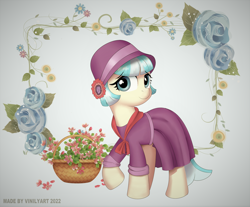 Size: 1616x1336 | Tagged: safe, artist:vinilyart, imported from derpibooru, coco pommel, earth pony, pony, basket, cloche hat, clothes, cocobetes, cute, dress, eyebrows, eyebrows visible through hair, female, flower, hat, mare, raised hoof, shawl, simple background, solo, vintage, white background