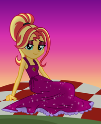 Size: 5952x7344 | Tagged: safe, artist:emeraldblast63, imported from derpibooru, sunset shimmer, human, equestria girls, alternate hairstyle, bare shoulders, clothes, dress, female, picnic blanket, sleeveless, solo, sunset