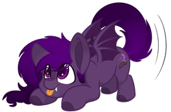 Size: 1350x885 | Tagged: safe, artist:rokosmith26, imported from derpibooru, oc, oc:midnight purple, bat pony, derpibooru community collaboration, 2023 community collab, :p, bat pony oc, fangs, imminent pounce, simple background, spread wings, tail, tail wag, tail wiggle, tongue out, transparent background, wingding eyes, wings