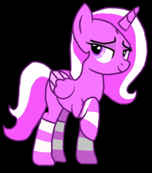 Size: 274x312 | Tagged: artist needed, safe, artist:cherry blossom, edit, imported from derpibooru, oc, oc only, oc:cherry blossom, alicorn, black background, clothes, horn, simple background, socks, solo, striped socks