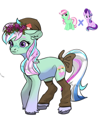 Size: 991x1216 | Tagged: safe, artist:crumbelinadicarmello, imported from derpibooru, minty, starlight glimmer, oc, earth pony, pony, avatar maker fantasy pony, beanie, blue mane, bow, clothes, cottagecore, female, floral head wreath, flower, freckles, fusion, g3, g4, gradient legs, green coat, hat, leg warmers, magical lesbian spawn, multicolored coat, multicolored mane, mushroom, offspring, parent:minty, parent:starlight glimmer, pastel, pink mane, simple background, solo, tail, tail bow, transparent background, unshorn fetlocks