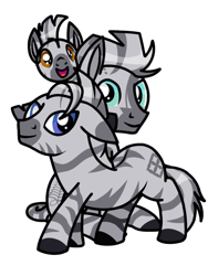 Size: 768x1024 | Tagged: safe, alternate version, artist:windy breeze, imported from derpibooru, oc, oc only, oc:fadhila, oc:tepe, oc:thamani muziki, pony, zebra, derpibooru community collaboration, 2023 community collab, blue eyes, brother, brother and sister, brown eyes, female, filly, foal, green eyes, horse riding a horse, leonine tail, looking at you, male, mare, riding, riding a pony, siblings, simple background, sisters, sitting, smiling, smiling at you, stallion, stripes, tail, transparent background, trio, walking, zebra oc