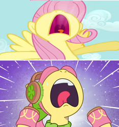 Size: 1280x1376 | Tagged: safe, edit, edited screencap, imported from derpibooru, screencap, fluttershy, earth pony, pegasus, pony, putting your hoof down, spoiler:g5, spoiler:my little pony: tell your tale, spoiler:tyts01e37, cropped, female, fluttershy can't catch a break, g5, looking up, mare, mawshot, my little pony: tell your tale, nose in the air, open mouth, posey bloom, posey can't catch a break, raised hooves, snow pun intended, solo, spoilers for another series, uvula, yelling