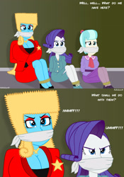 Size: 1920x2743 | Tagged: safe, artist:robukun, imported from derpibooru, coco pommel, rarity, oc, oc:tatiana, human, equestria girls, bondage, bound and gagged, cloth gag, dialogue, equestria girls-ified, female, gag, kidnapped, muffled words, struggling, tied up