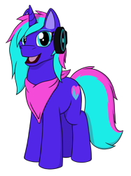Size: 1269x1700 | Tagged: safe, artist:passionpanther, imported from derpibooru, oc, oc only, oc:heartbeat, unicorn, derpibooru community collaboration, 2023 community collab, bandana, blue, blue eyes, headphones, magenta, simple background, solo, transparent background