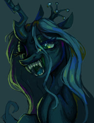 Size: 786x1016 | Tagged: safe, artist:onionpwder, imported from derpibooru, queen chrysalis, changeling, changeling queen, fangs, female, looking at you, open mouth, open smile, sharp teeth, simple background, smiling, solo, teeth