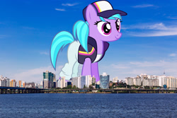 Size: 2048x1365 | Tagged: safe, artist:doctor-g, artist:jaredking779, imported from derpibooru, azure velour, earth pony, pony, background pony, baseball cap, cap, clothes, female, giant pony, giant/macro earth pony, giantess, hat, highrise ponies, irl, macro, mare, mega giant, pants, photo, ponies in real life, seoul, south korea