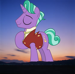 Size: 1024x1020 | Tagged: safe, artist:dashiesparkle, artist:jaredking779, imported from derpibooru, firelight, pony, unicorn, clothes, eyes closed, giant firelight, giant pony, giant unicorn, highrise ponies, irl, japan, macro, male, mega giant, mountain, mountain range, necktie, photo, ponies in real life, raised hoof, shirt, smiling, solo, stallion, vest