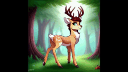 Size: 1920x1080 | Tagged: safe, imported from derpibooru, oc, oc only, deer, animated, antlers, blushing, butt, butt fluff, chest fluff, ear fluff, forest, forest background, looking back, machine learning assisted, machine learning generated, purplesmart.ai, rear view, stable diffusion, time-lapse