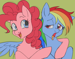 Size: 1450x1150 | Tagged: safe, artist:mechanakal, derpibooru exclusive, imported from derpibooru, pinkie pie, rainbow dash, earth pony, pegasus, pony, fanfic:cupcakes, arm around neck, chest fluff, drool, duo, duo female, female, floppy ears, frown, green background, looking at each other, looking at someone, mare, one ear down, open mouth, open smile, simple background, smiling, spread wings, wings