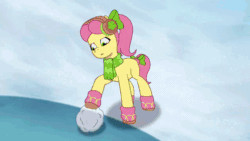 Size: 1280x720 | Tagged: safe, imported from derpibooru, screencap, zipp storm, earth pony, pegasus, pony, spoiler:tyts01e37, absurd file size, absurd gif size, animated, clothes, duo, duo female, female, g5, gif, gulp, mare, my little pony: tell your tale, posey (g5), running away, scarf, snow, snow pun intended, snowball, tree