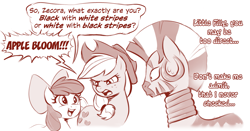 Size: 2827x1478 | Tagged: safe, artist:crade, imported from ponybooru, apple bloom, applejack, zecora, earth pony, pony, zebra, apple bloom's bow, apple sisters, applejack's hat, bow, casual racism, cowboy hat, dialogue, ear piercing, earring, female, filly, foal, hair bow, hat, jewelry, mare, monochrome, neck rings, open mouth, open smile, piercing, sepia, siblings, sisters, speech bubble, sweat, trio