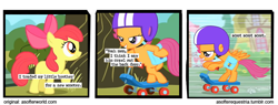 Size: 720x275 | Tagged: safe, edit, edited screencap, imported from ponybooru, screencap, apple bloom, scootaloo, earth pony, pegasus, comic:a softer equestria, a softer world, comic, helmet, scooter, screencap comic, text