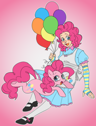 Size: 924x1210 | Tagged: safe, artist:mechanakal, derpibooru exclusive, imported from derpibooru, pinkie pie, earth pony, human, apron, arm warmers, balloon, blushing, clothes, cute, cutie mark, cutie mark on clothes, diapinkes, dress, duo, duo female, female, floating, frilly dress, gradient background, humanized, looking sideways, mare, open mouth, open smile, outline, pink hair, self paradox, self ponidox, shoes, smiling, socks, stockings, thigh highs, underhoof, white outline