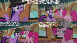 Size: 4400x2475 | Tagged: safe, edit, edited screencap, editor:quoterific, imported from derpibooru, screencap, pinkie pie, twilight sparkle, mmmystery on the friendship express, bowler hat, bubble pipe, deerstalker, detective, friendship express, hat, locomotive, mousse moose, pipe, sherlock pie, steam locomotive, train