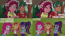 Size: 4400x2475 | Tagged: safe, edit, edited screencap, editor:quoterific, imported from derpibooru, screencap, gloriosa daisy, pinkie pie, sci-twi, sunset shimmer, timber spruce, twilight sparkle, human, equestria girls, legend of everfree, floral head wreath, flower, microphone