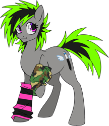 Size: 1200x1392 | Tagged: safe, artist:mechanakal, derpibooru exclusive, imported from derpibooru, oc, oc only, oc:raziel scardonia, earth pony, pony, derpibooru community collaboration, 2023 community collab, arm warmers, camouflage, clothes, female, gradient eyes, gray coat, mare, needs more saturation, neon, ponified, ponified oc, raised hoof, simple background, smiling, solo, spikey mane, stripes, transparent background, two toned mane, wacom
