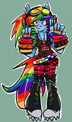 Size: 907x1531 | Tagged: safe, artist:pekodayz, imported from derpibooru, anthro, plantigrade anthro, belt, blushing, boots, clothes, converse, fingerless gloves, gloves, goggles, headphones, leggings, looking at you, scene kid, shoes, smiling, solo, spiked boots, tanktop, thigh boots, tongue out