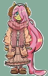 Size: 997x1589 | Tagged: safe, artist:pekodayz, imported from derpibooru, fluttershy, anthro, plantigrade anthro, blushing, clothes, earmuffs, eye clipping through hair, hair over one eye, long sleeves, looking at you, scarf, skirt, slippers, smiling, solo, sweater