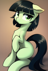 Size: 512x768 | Tagged: safe, imported from derpibooru, oc, oc only, oc:filly anon, pony, ai content, ai generated, female, filly, floppy ears, generator:novelai, generator:stable diffusion, looking at you, mikoto urabe, sitting, solo