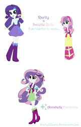 Size: 806x1252 | Tagged: safe, artist:prettycelestia, imported from derpibooru, rarity, sweetie belle, oc, oc:annabelle harmonia, equestria girls, belt buckle, boots, clothes, female, four arms, fusion, fusion:raribelle, fusion:rarity, fusion:sweetie belle, headband, high heel boots, jewelry, long hair, long skirt, ring, shoes, siblings, simple background, sisters, skirt, white background