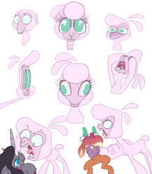 Size: 2700x3100 | Tagged: safe, artist:storyteller, imported from derpibooru, cashmere (tfh), classical unicorn, deer, reindeer, sheep, unicorn, them's fightin' herds, asphyxiation, cartoon physics, cashabuse, choking, cloven hooves, community related, eye bulging, eye contact, faic, female, frown, kubrick stare, leonine tail, looking at each other, looking at someone, mare, muscles, oleander (tfh), open mouth, pom (tfh), simple background, sketch, sketch dump, squeezing, strangling, suddenly hands, teary eyes, transparent background, unshorn fetlocks, yelling