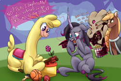 Size: 2400x1600 | Tagged: safe, artist:redahfuhrerking, imported from derpibooru, fhtng th§ ¿nsp§kbl, oc, oc:sila, alpaca, classical unicorn, unicorn, them's fightin' herds, basketball, cloven hooves, colored, community related, crying, flower, flower pot, leonine tail, oleander (tfh), paintbrush, paprika (tfh), paprika physics, plunger, shading, sitting, sports, square hole, text, unshorn fetlocks