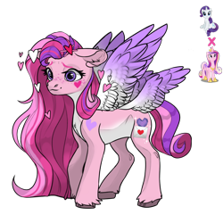 Size: 1080x1080 | Tagged: safe, artist:crumbelinadicarmello, imported from derpibooru, oc, pegasus, pony, avatar maker fantasy pony, colored wings, curly mane, facial markings, female, freckles, g4, gradient wings, hairpin, heart, letter, long mane, love letter, lovecore, magical lesbian spawn, multiple wings, oc focus, offspring, parent:princess cadance, parent:rarity, parents:raridance, pink mane, red mane, shy, simple background, solo focus, transparent background, wings